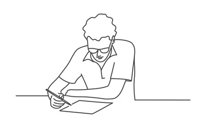 Young man with glasses writing at the table. Line drawing vector illustration.