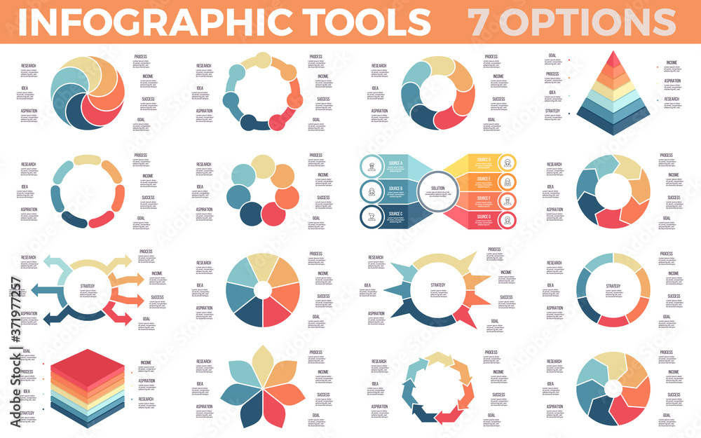 Wall mural Business infographics. Diagrams, charts with 7 parts, options. Vector templates.