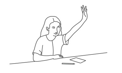 Girl sits at a desk and pulls up her hand. Line drawing vector illustration.