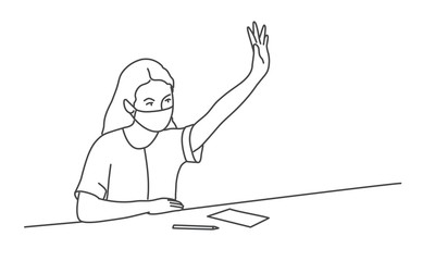 Girl in protective mask sits at a desk and pulls up her hand. Line drawing vector illustration.