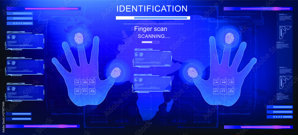 Poster palm and fingerprint scanning. fingerprint identification. holographic scanner with hud, gui, ui ele