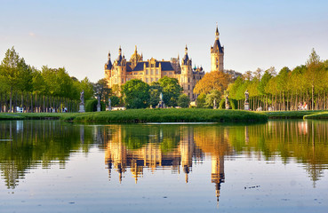 View across the water to Schwerin Castle. Mecklenburg-Vorpommern, Germany