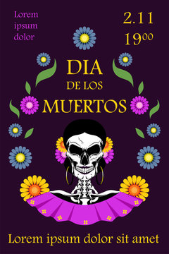 Vector image of a Mexican female skull with flowers. Postcard to the day of the dead. Design elements for cards, flyers, banners.