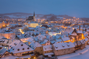 Fototapeta premium Winter view old Town of Cesky Krumlov and Church in Cesky Krumlov, Czech republic