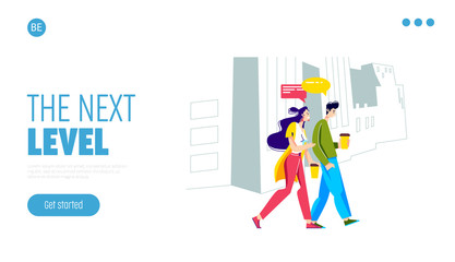 Landing page with people talking on go while drinking coffee outside and walking to work