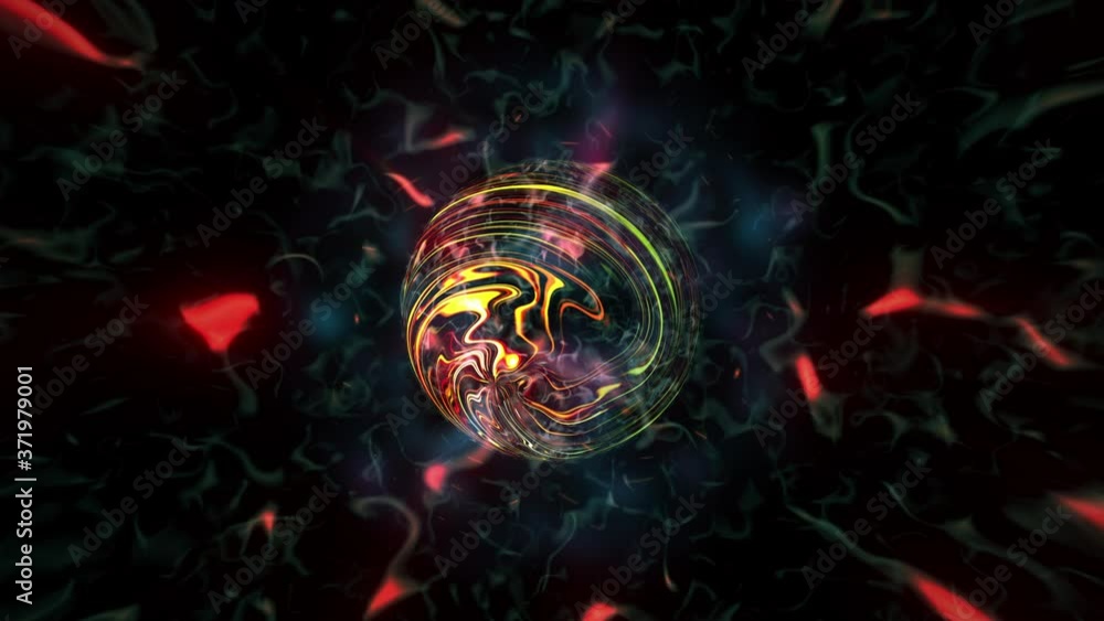 Poster abstract colorful motion dark background with red energy fractal element and plasma sphere. atomic s