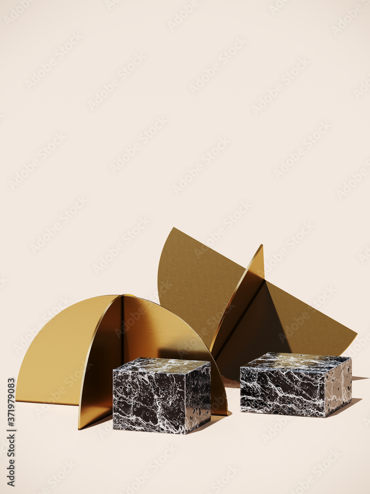 Poster minimal cosmetic background for product presentation. black marble podium with brass circular abstra