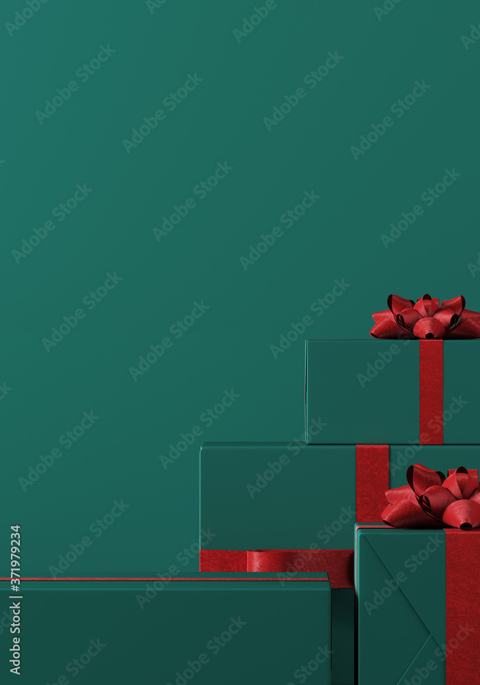 Poster minimal product background for christmas, new year and sale event concept. green gift box with red r