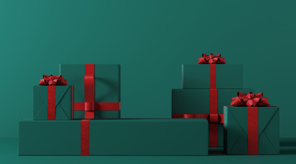 Minimal product background for Christmas, New year and sale event concept. Green gift box with red ribbon bow on green background. 3d render illustration. Clipping path of each element included.