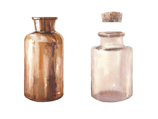 Watercolor glass bottles. Decorative vial set. Illustrations isolated on white background