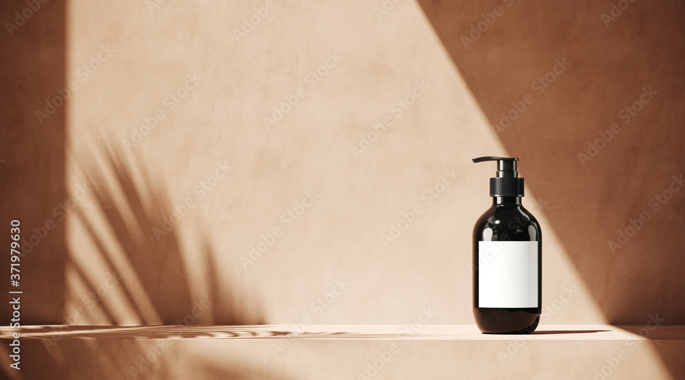 Poster minimal cosmetic background for product presentation. cosmetic bottle with sunshade shadow on beige 