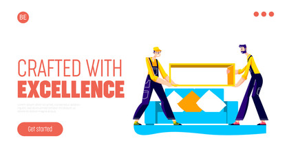 Moving service company landing page design with loaders carry furniture for new apartment
