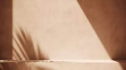 Minimaler kosmetischer Hintergrund für die Produktpräsentation. Sonnenschirmschatten auf beiger Putzwand. 3D-Darstellung. Objekt isolieren Beschneidungspfad enthalten. © 3DJustincase