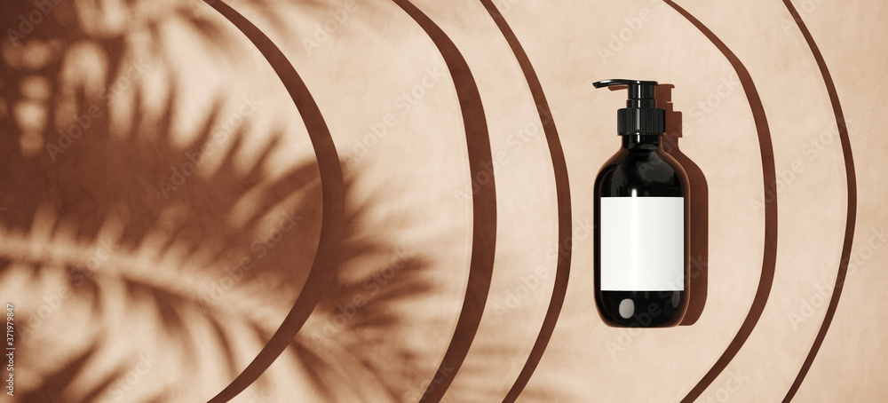 Poster minimal background for branding and product presentation. cosmetic bottle on step circle geometry wi