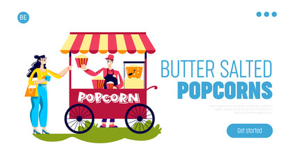 Popcorn butter salted or sweet landing page with woman buy tasty pop corn in street kiosk