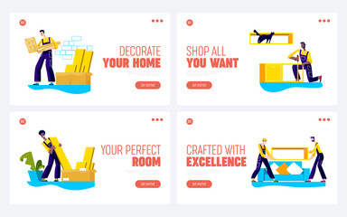 Furniture assembly service landing page for new company website with cartoon workers on background