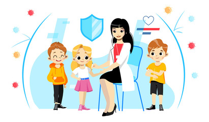 Concept Vector Illustration Of Children Vaccination And Health care. Young Female Nurse In White Coat Making Injection To Smiling Kids. Immune Protection From Different Viruses And Dangerous Diseases
