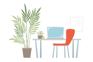 Office workplace with table, notebooks and plants - urban office jungle.