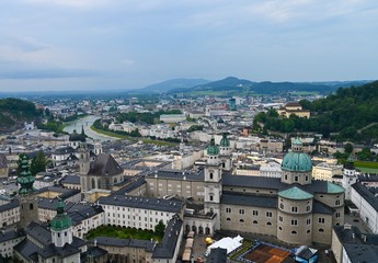 Fototapeta na wymiar View of the city of Salzburg from the fortress Hohensalzburg in Austria.