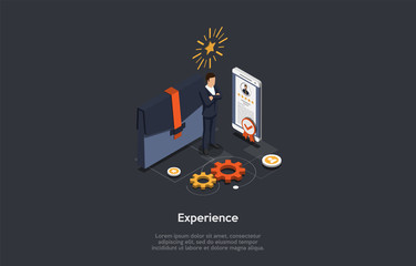 Business, Finance And Investments In Idea Experience Concept. An Employer, The Smartphone With Five Stars Rated Profile And Big Briefcase On Grey Background. Colorful 3d Isometric Vector Illustration