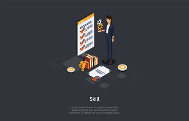 Education, Abilities And Skills Improvement Concept. Skilled Female Character Gets A Certificate Of Completion Courses, Books And Gold Cup. Colorful 3d Isometric Vector Illustration On Grey Background