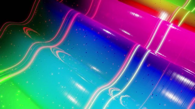 Abstract 3D festive background like surface of sweetness with beautiful waves run on very shiny, glossy surface with glow glitter, luminous sparkles, bright rainbow color gradient. 4k looped animation