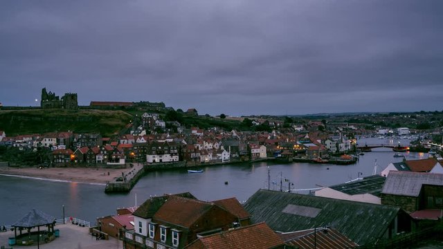 Timelapse of Whitby at dusk showing the East Cliff where the ruined Gothic Whitby Abbey was Bram Stoker&rsquo;s inspiration for &ldquo;Dracula&rdquo;.