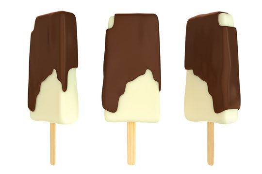 set of 3 ice cream with melt chocolate on wooden stick isolated 3d render