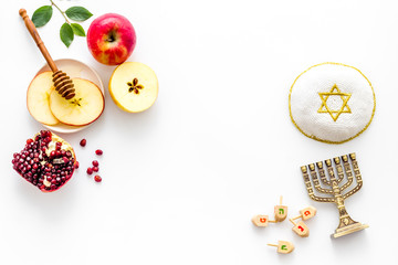 Apple honey and pomegranate for jewish new year - Rosh Hashanah. Top view