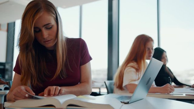 Female student sitting at her desk and paying attention to the lecture. High school classroom with students studying.

