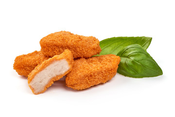 Crispy chicken nuggets, isolated on white background