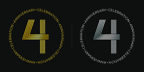 Fototapeta premium 4th birthday.Four years anniversary celebration banner in golden and silver colors. Circular logo with original number design in elegant lines.