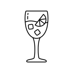 Aperol Spritz. Linear icon of glass with alcoholic cocktail. Black simple illustration of drink with orange slice and ice cubes. Contour isolated vector pictogram, white background