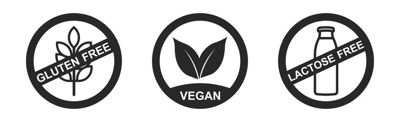 Vegan food labels, fresh eco vegetarian products, vegan label and healthy foods badges vector set illustration - obrazy, fototapety, plakaty