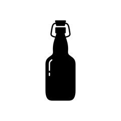 Swing Top Easy Cap Beer Bottle. Silhouette icon of clear beverage glass bottle with wire stopper. Black outline illustration of vintage flip-top lid. Flat isolated vector pictogram, white background
