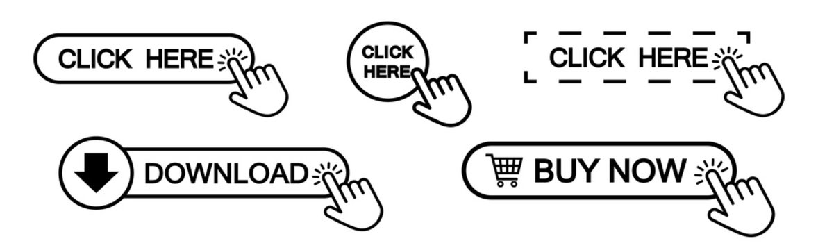 Set of click here web button in line style, isolated website buy or download bar icon with hand finger clicking cursor for buy or register design