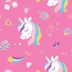 New white unicorn seamless pattern on pink background. Pegasus with horn and rainbow main. White pony head. Hand drawn cute dreaming horse. Set with falling star, flowers, hearts, crowns for wallpaper