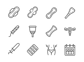 Sanitary pad and periods line flat icons set. Menstruation symbols