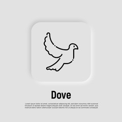 Thin line icon of flying dove, sign of love and peace. Bird logo. Vector illustration.