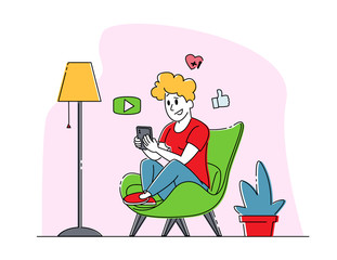 Young Woman Character Sitting at Home with Smartphone in Hands Watching Vlog, Communicating in Network or Surfing Online