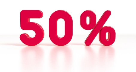 3d render, '50%' written by plastic toy font. Sign of sale. Fifty percent off. Typography font, phrase isolated on red background. Element for social media, print, sticker.