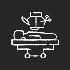Surgery chalk white icon on black background. Medical operation. Surgical procedures. Body injuries treatment. Surgical instruments. Medical care. Isolated vector chalkboard illustration