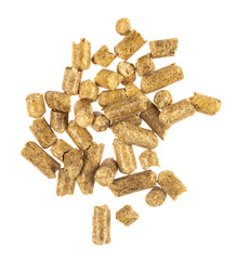 Brown wood pellets  isolated white background. natural pile of wood pellets. organic biofuels texture. Alternative biofuel from sawdust. The cat litter. pile of compressed wood pellets.