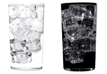 Glass of mineral water, soda, sparkling water with ice cold There are bubbles rising on the water surface. in White background and black background Isolated on white background