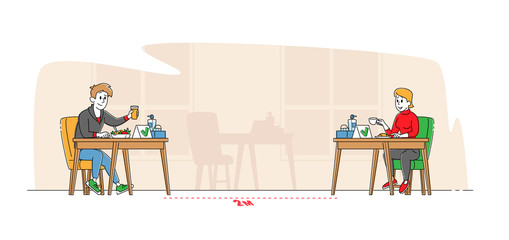 Social Distancing. Characters Sitting at Disinfected Cafe Tables Stand on Distance Drink Coffee with Sanitizer on Desk