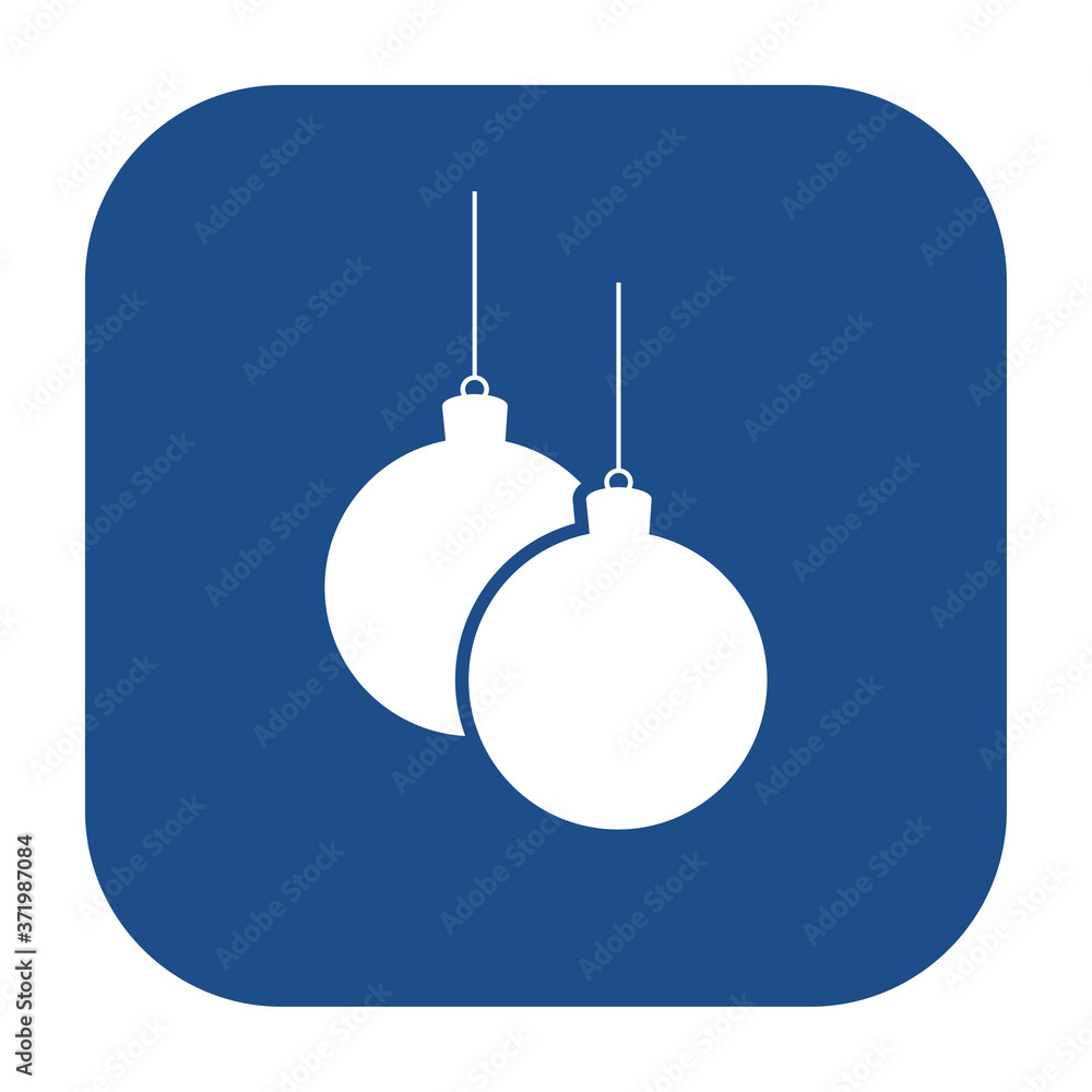 Aufkleber blue rounded square christmas balls hanging on threads icon, button isolated on a white background. 