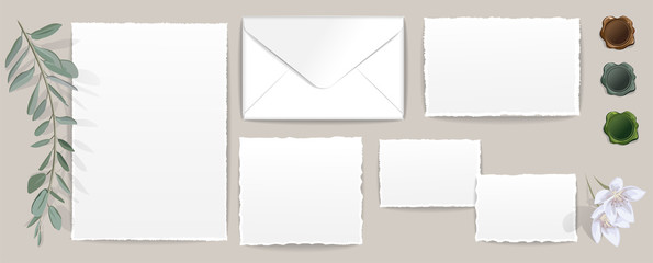 Vector set of isolated stationery items for branding mock-up and colored wax seal. All templates with transparent shadows