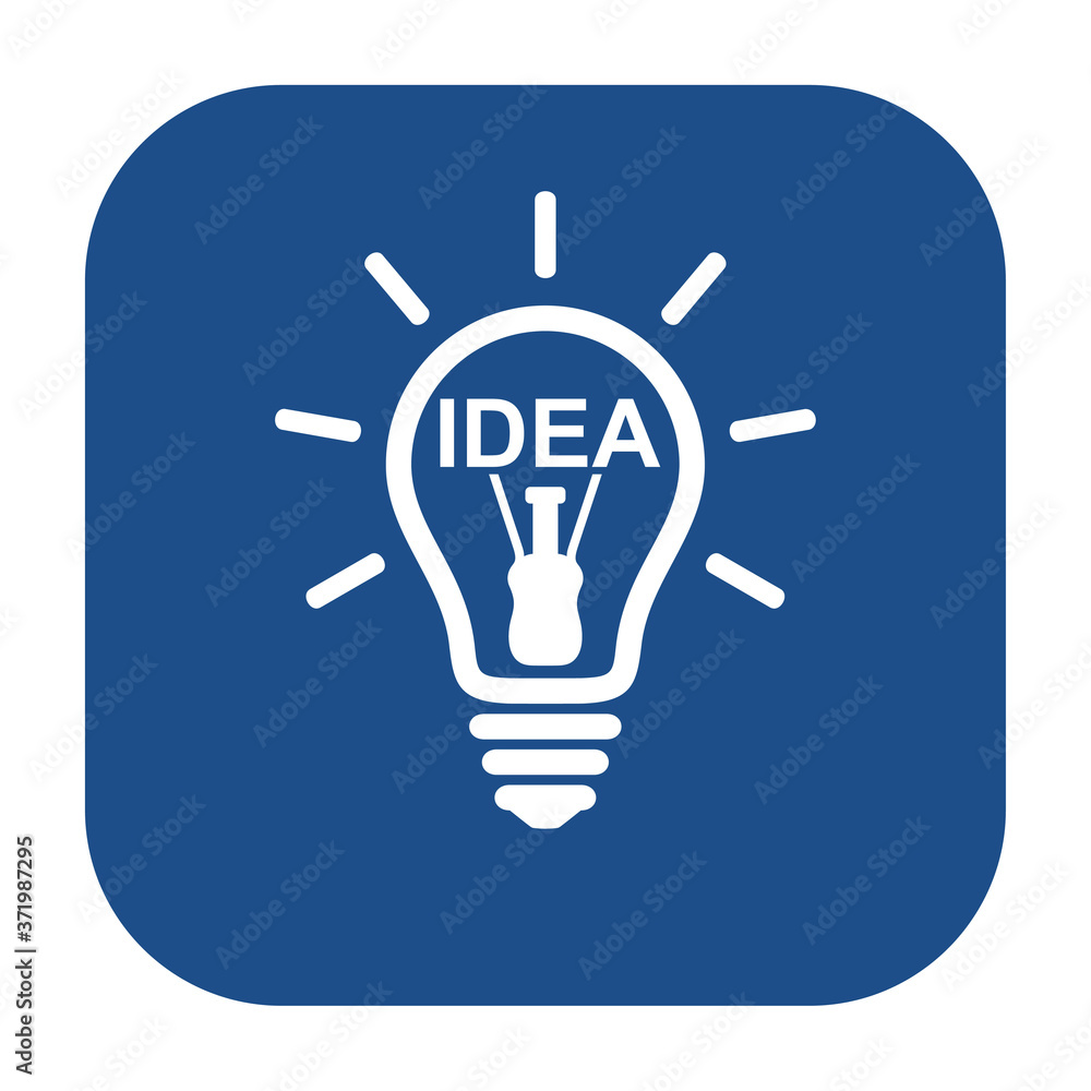 Poster blue rounded square idea glowing light bulb line icon, button isolated on a white background. eps10 