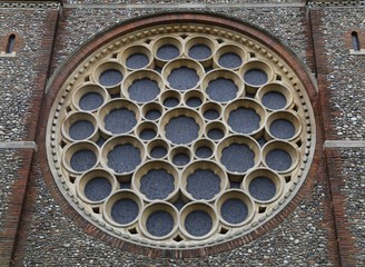 The beautiful rose window in the Cathedral and Abbey Church on Holywell Hill  in St. Albans, Hertfordshire, England.