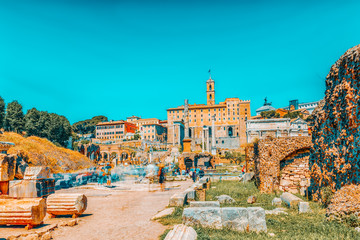 ROME, ITALY - MAY 08, 2017 : Archaeological and historical objects in Rome, united by the name - Roman Forum and Palatine Hill.